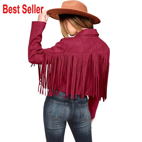 Jackets & Blazers - Faux Suede Fringe Cropped Jacket Motorcycle Style Tassel Detail
